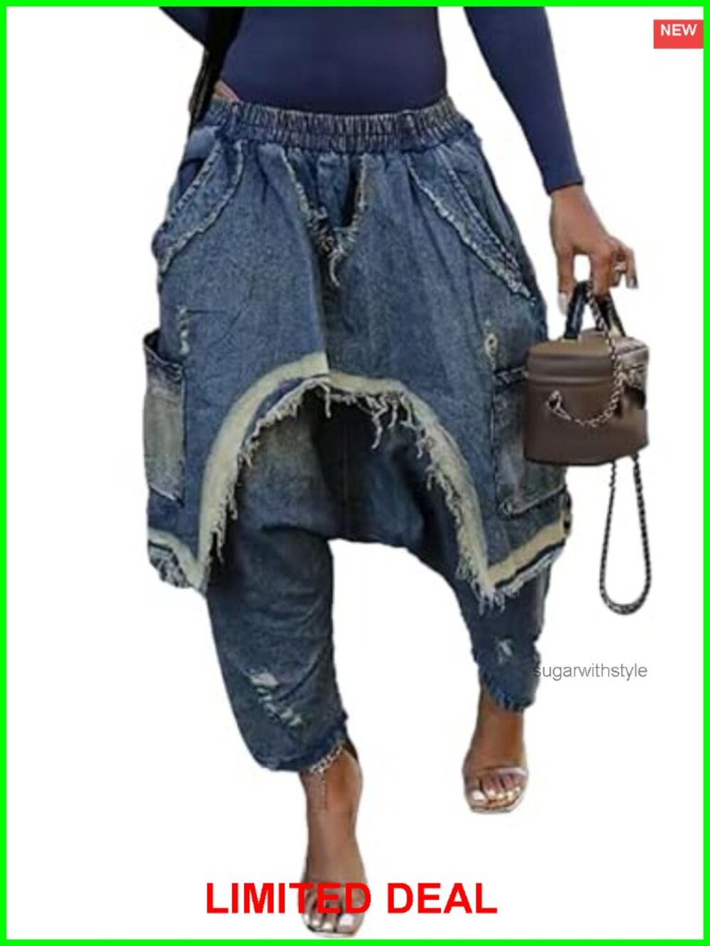 Women's Harem Denim Pants High Waist Patchwork Wide Leg Jeans